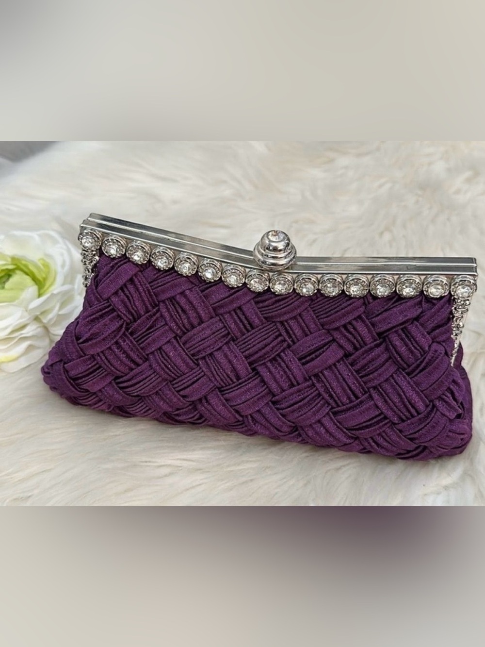 Elegant Purple Basket Woven Gemstone 2 In 1 Clutch W/Optional Chain Handle NEW!